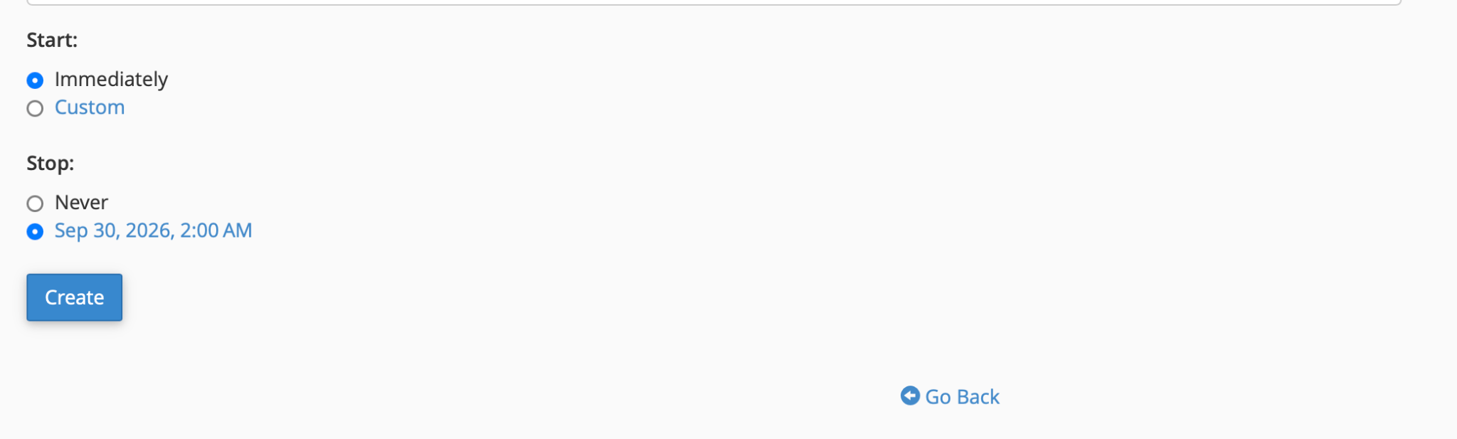 Example cPanel Autoresponder start and stop schedule